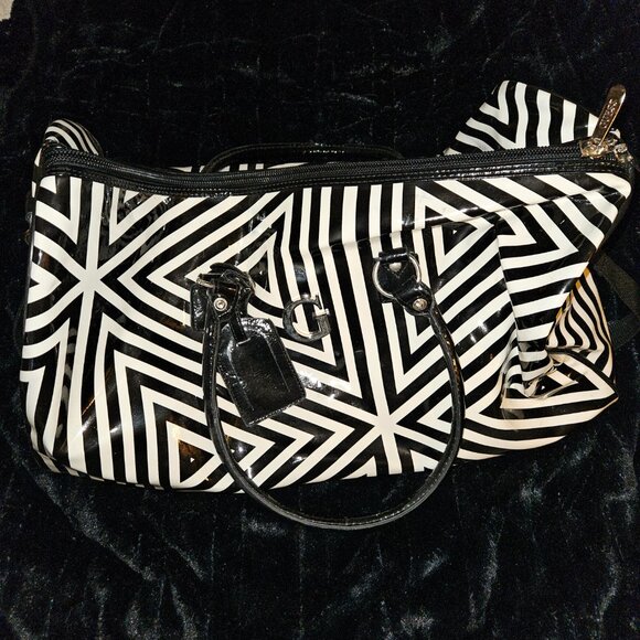 Guess Black and White Patent Faux Leather Duffle Tote - Picture 4 of 8